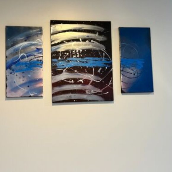 Homemade Thin Blue Line Abstract Triptych One of a Kind on Large Canvas - Picture 4 of 7